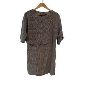 No. 6 Store Taupe 100% Silk Small Print Short Sleeve Mini Cape Dress